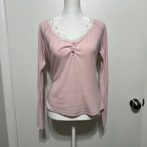 Y2K Womens Ribbed Henley Top Size XL Pink Lace Trim Long Sleeve Coquette